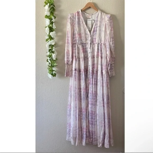 Rococo Sand Emi Metallic Shimmer Purple and Pink Long Sleeve Maxi Dress - Picture 3 of 15